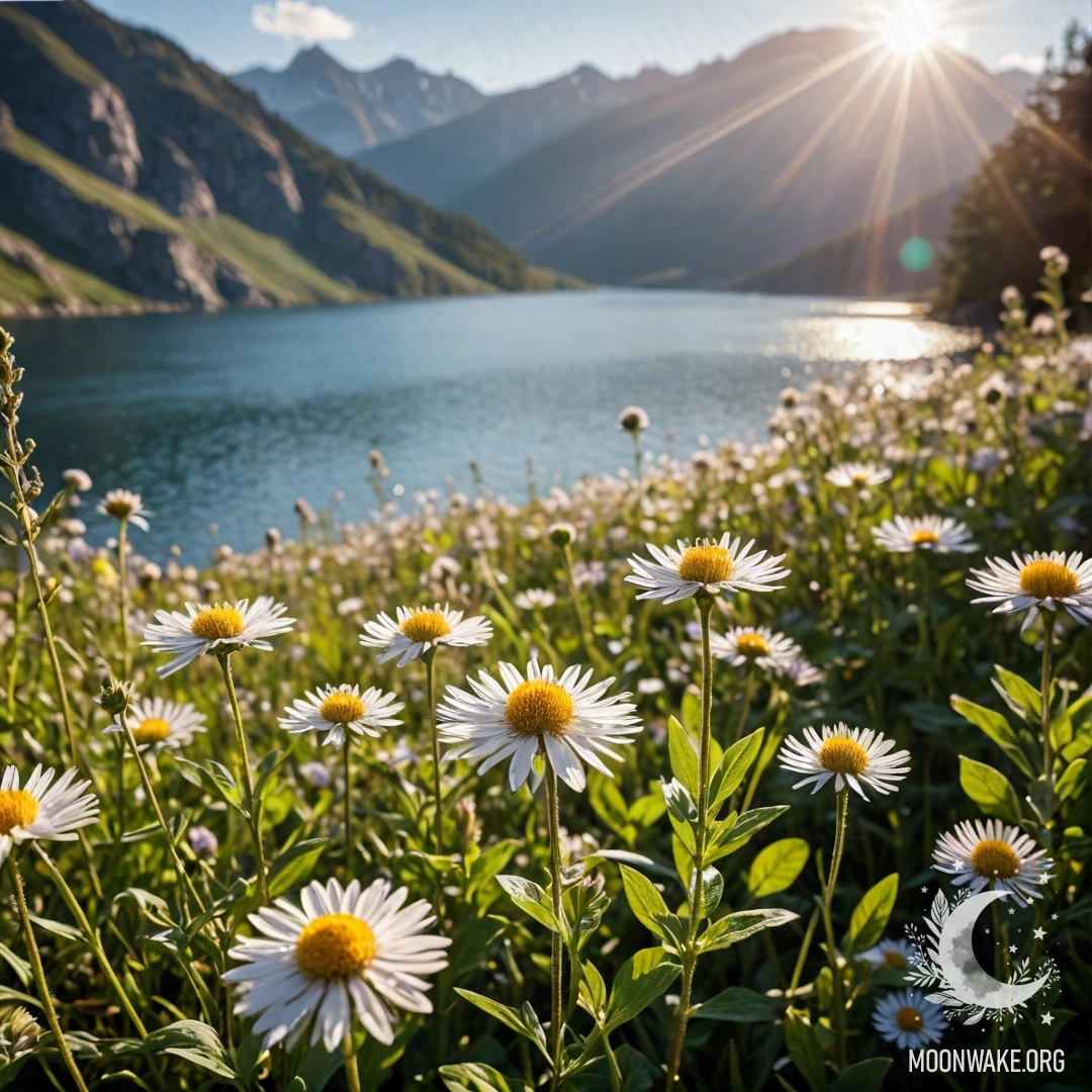Close-up of colorful flowers in a peaceful field with a blurred mountain lake in the background, illuminated by sun rays.