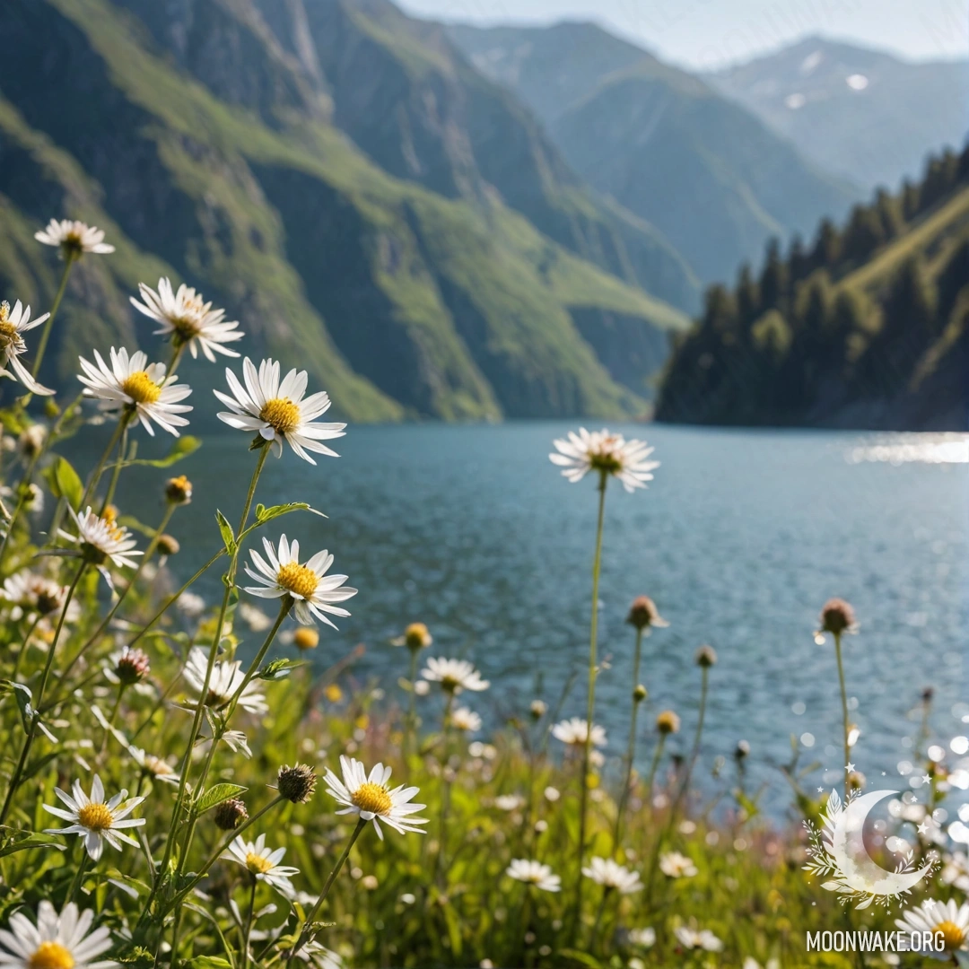 Peaceful Field with Flowers and Mountain Lake Close-up of vibrant flowers in a peaceful field with a blurred mountain lake in the background.