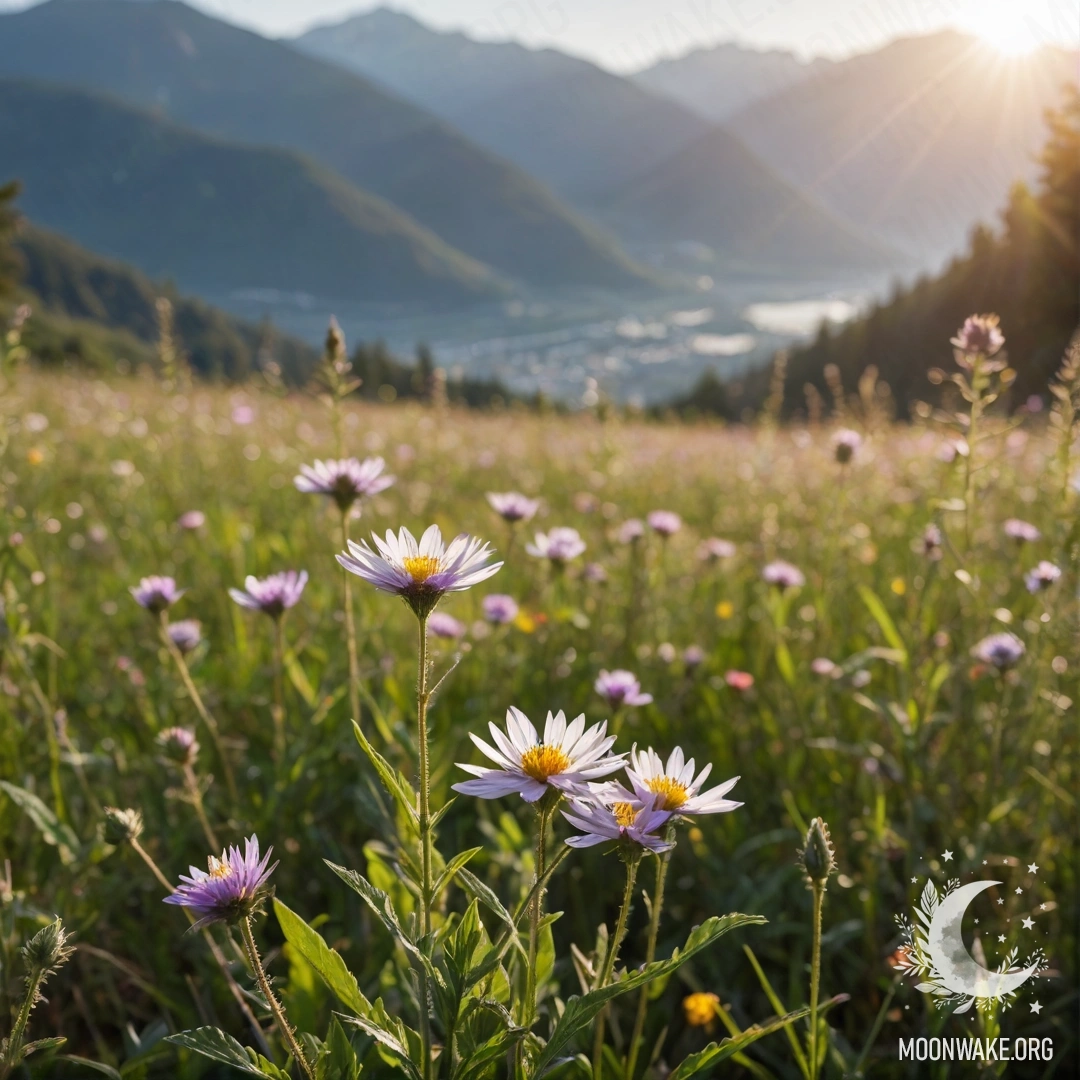 Close-up of flowers in a peaceful field with blurred mountains in the background on a sunny day.