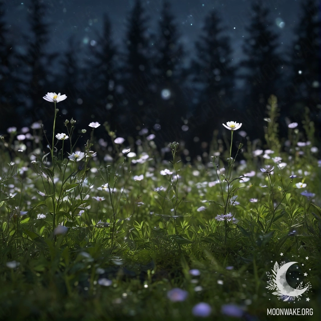 Close-up of delicate flowers in a peaceful field against a blurred forest background at night.