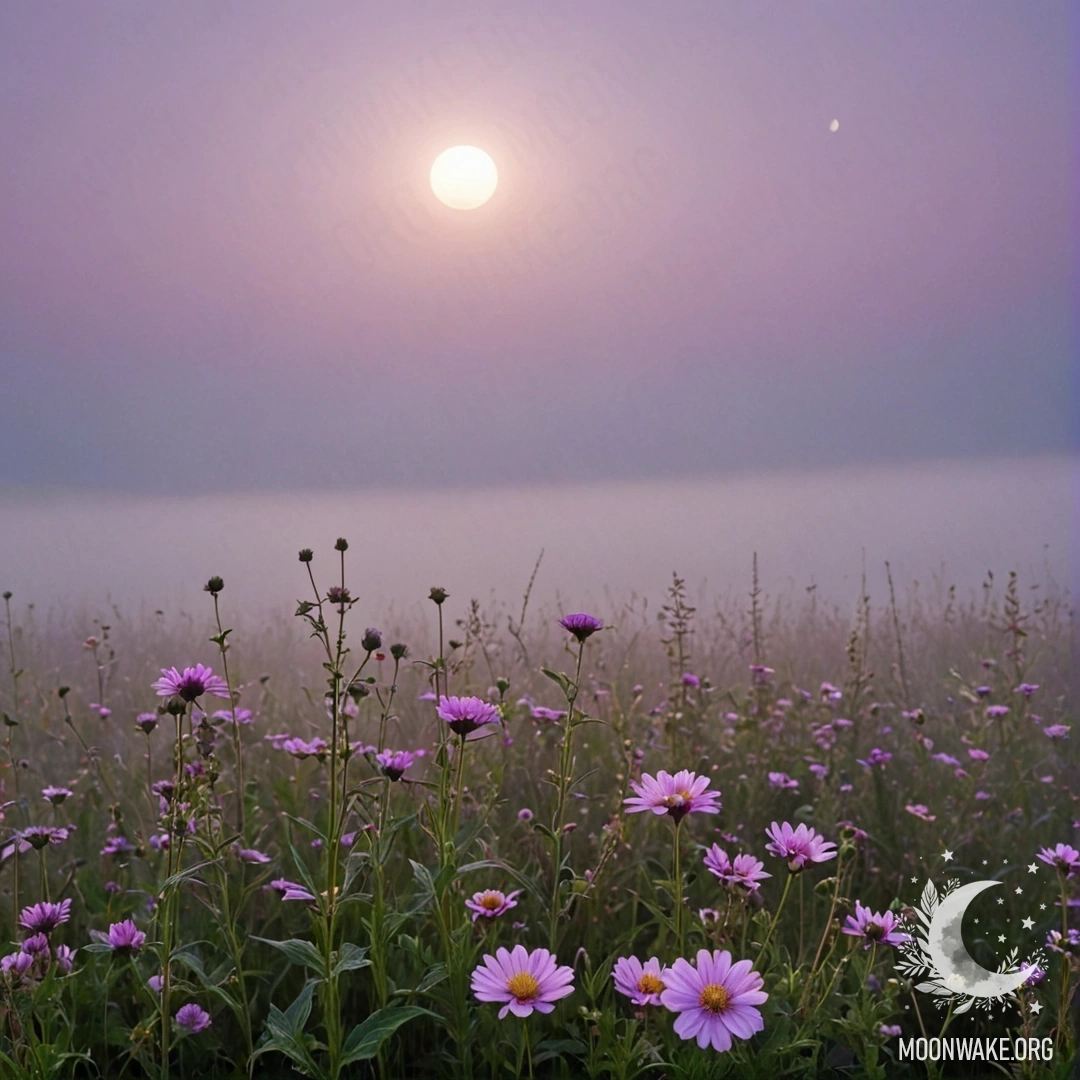 A close-up of colorful flowers in a peaceful field with a pink violet sky and the moon in the background.