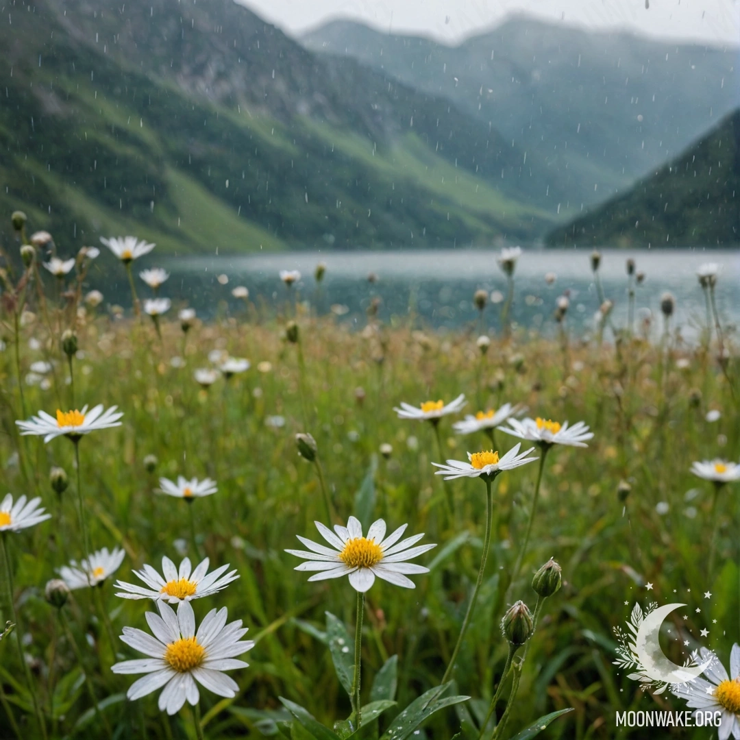 Close-up of peaceful flowers in a field with blurred mountain lake in the background under the rain