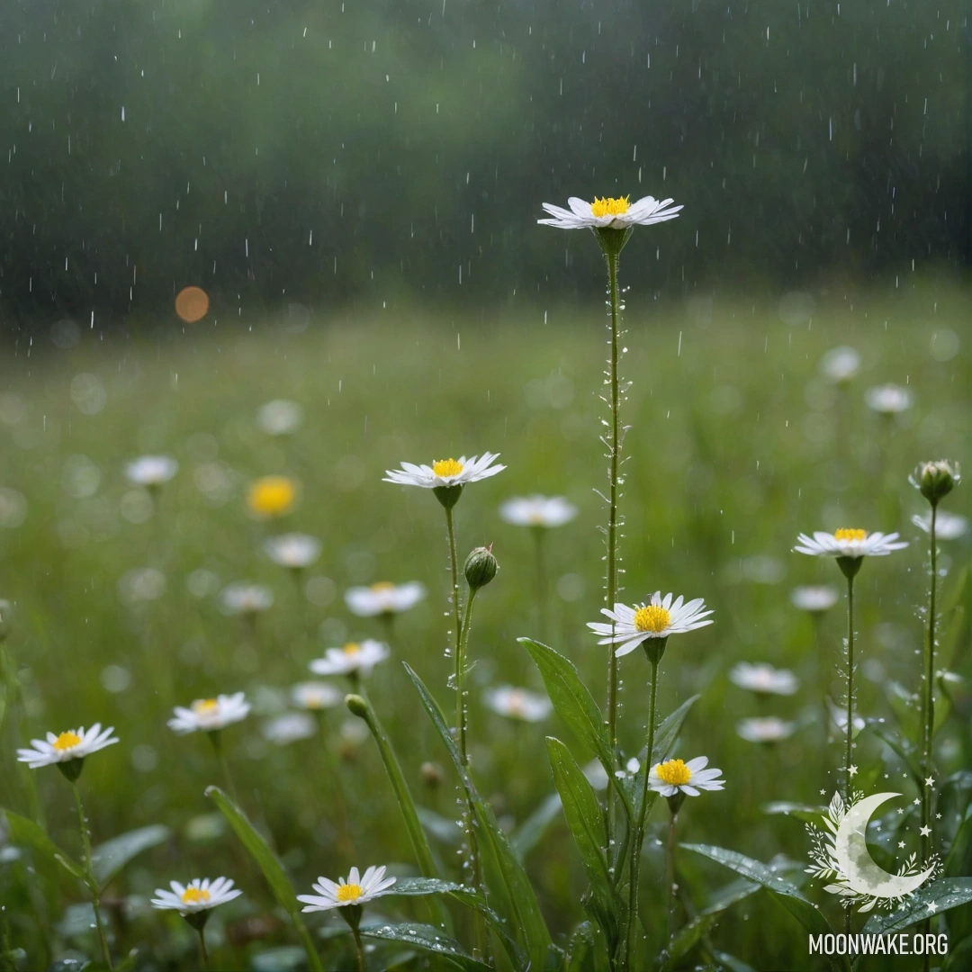 A close-up of colorful field flowers amidst a blurred forest in the rain.