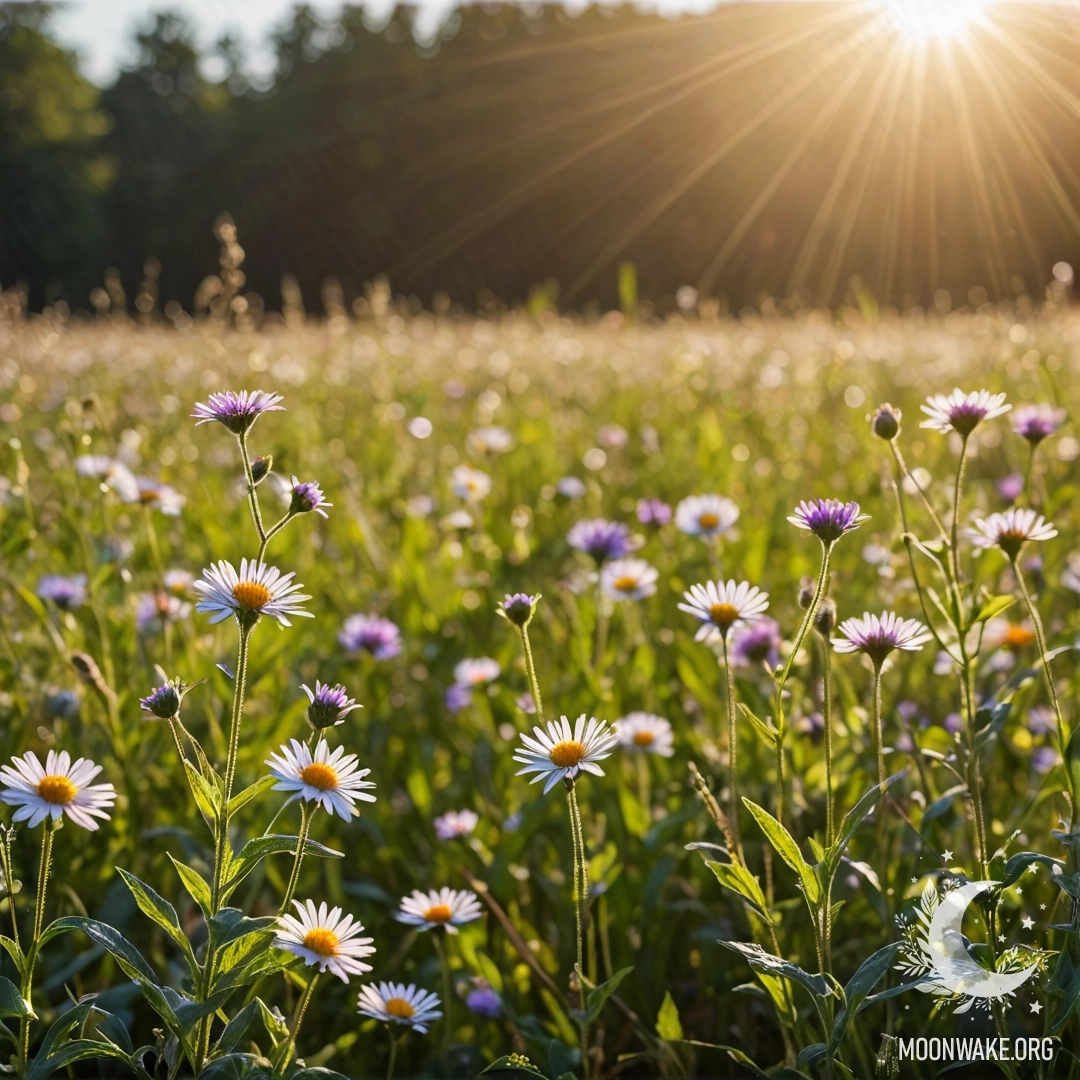 Serene Field of Flowers with Sun Rays Close-up of peaceful flowers in a field, illuminated by sunlight with a bokeh background.