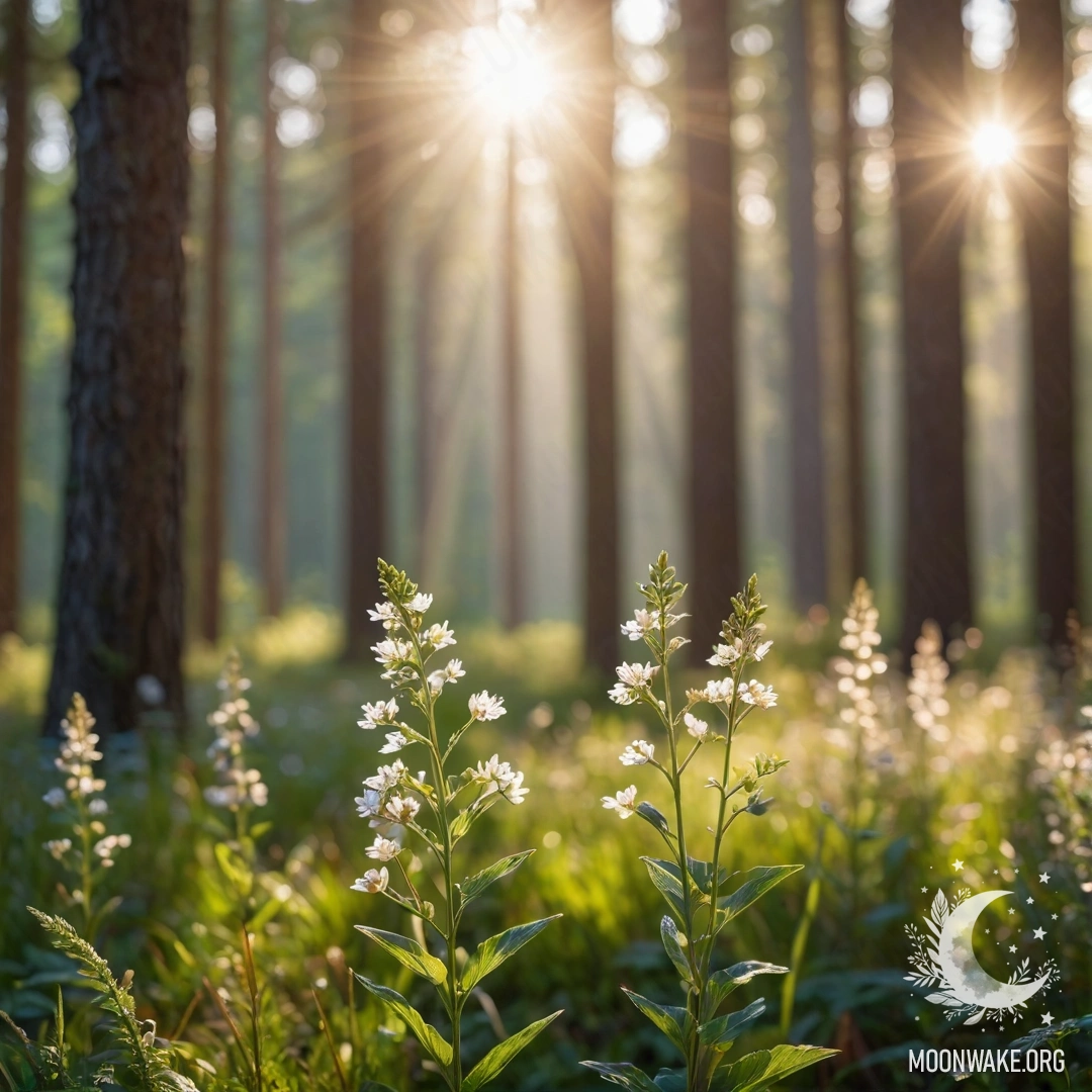 Serene Floral Close-Up with Sunlit Forest Close-up of flowers in a peaceful field with forest and sun rays.