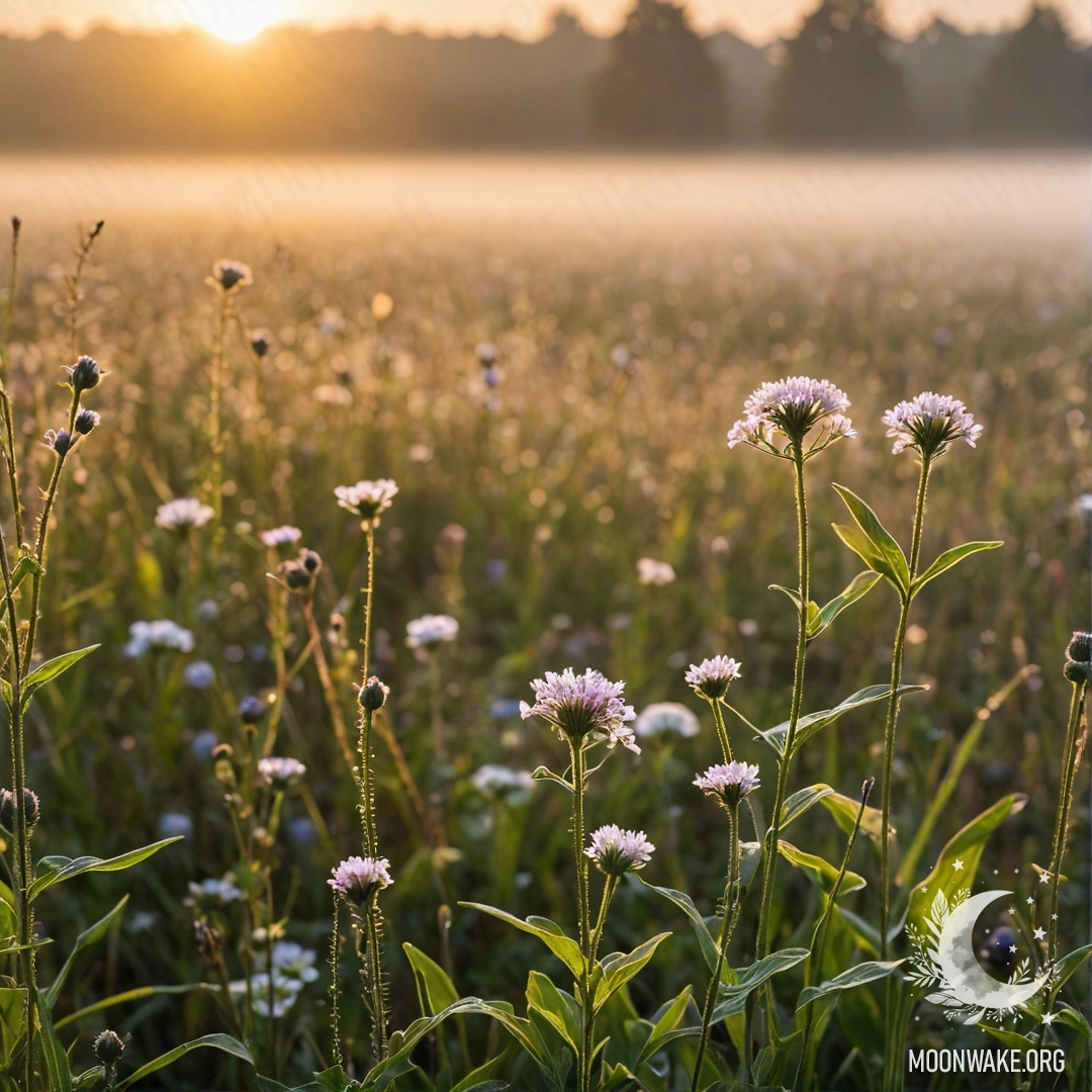 Close-up of colorful flowers in a peaceful field with a bokeh background, illuminated by soft sunset rays.