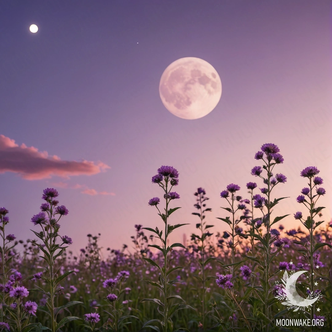 Serene Field of Flowers at Sunset Close-up of colorful flowers in a peaceful field against a pink violet sky with the moon during sunset.
