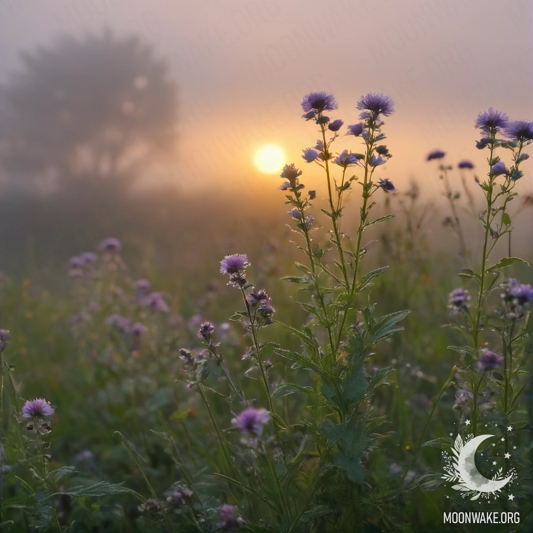 A close-up view of flowers in a misty field with a sunset bokeh.