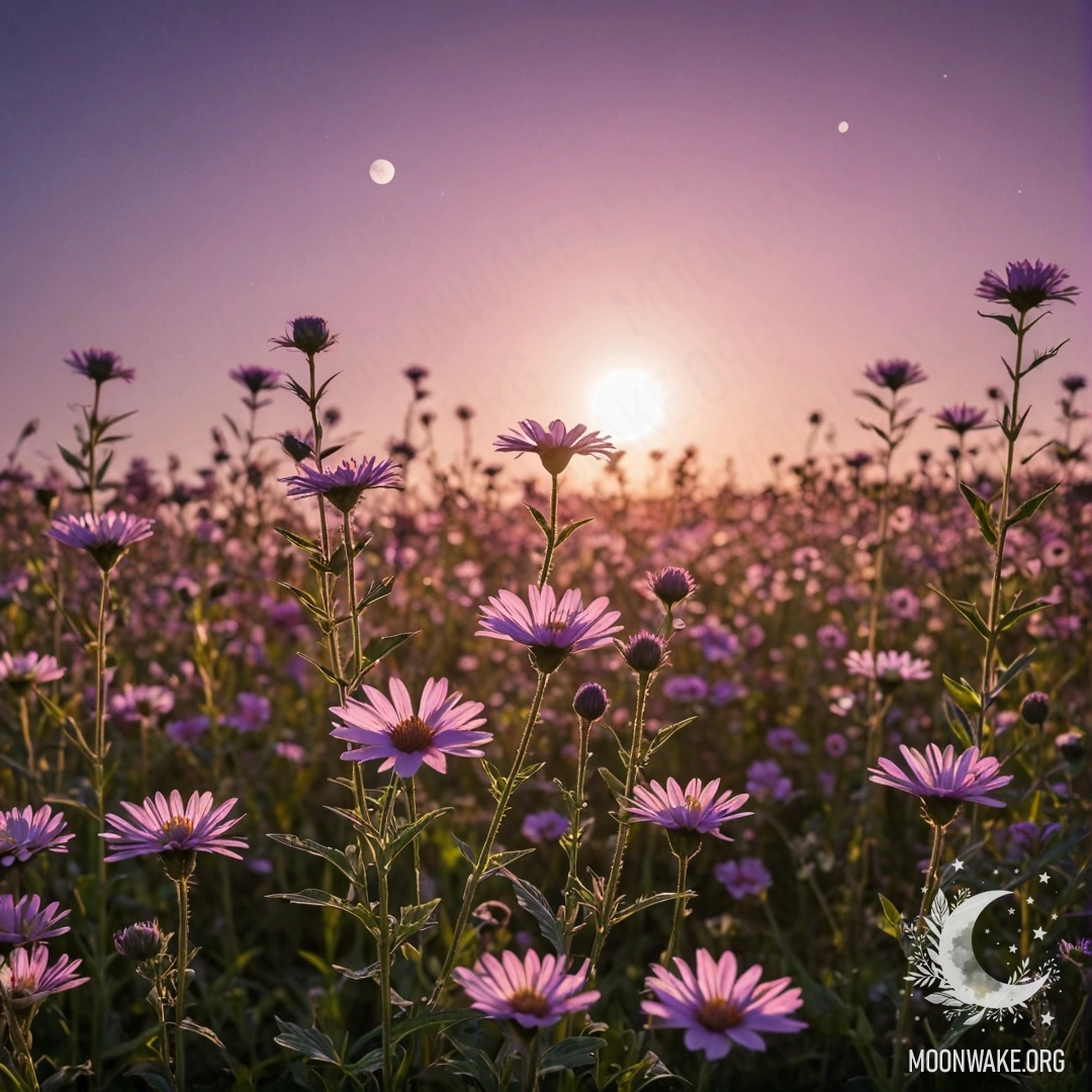 Peaceful Field of Flowers Under a Violet Sky A close-up view of colorful flowers in a peaceful field with a pink violet sky and the moon in the background.