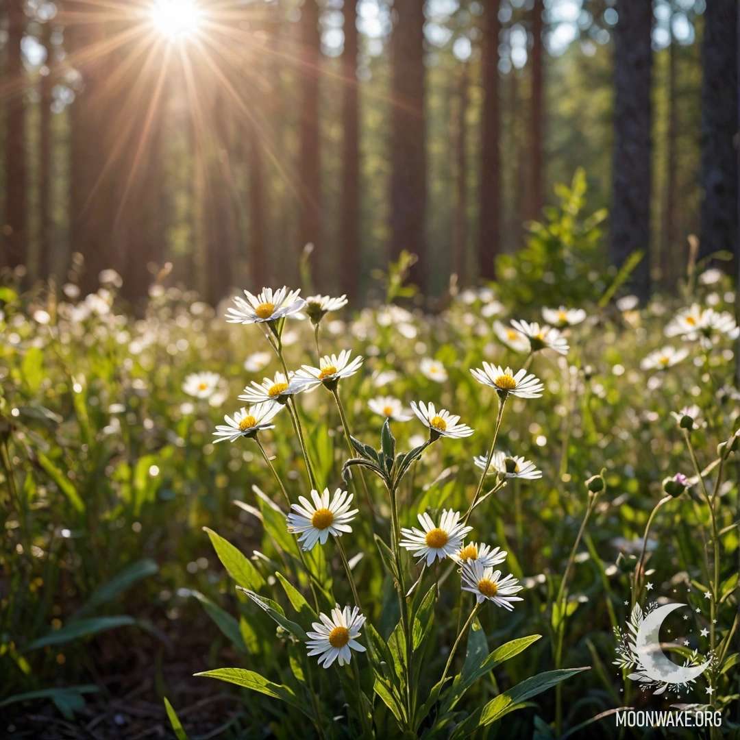 Close-up of flowers in a peaceful field with a bokeh forest background and sun rays shining through