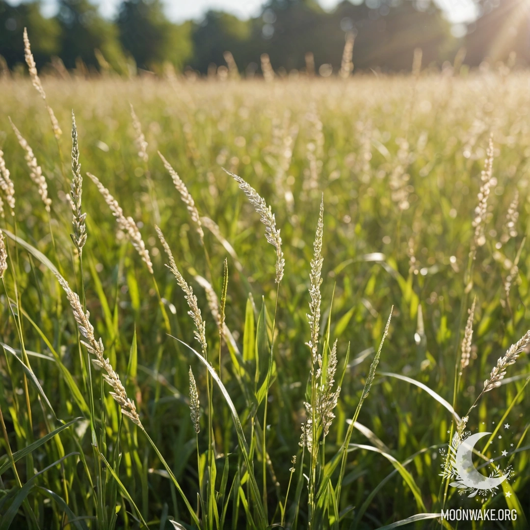 Close-up of green grass with blurred colorful flowers in the background on a sunny day.