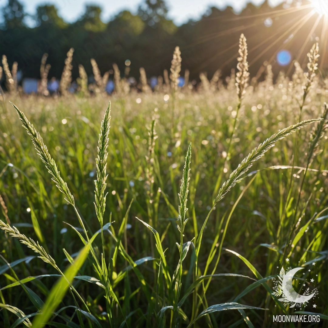 A close-up view of grass in a peaceful field, adorned with bokeh effects of flowers and soft lens flares.