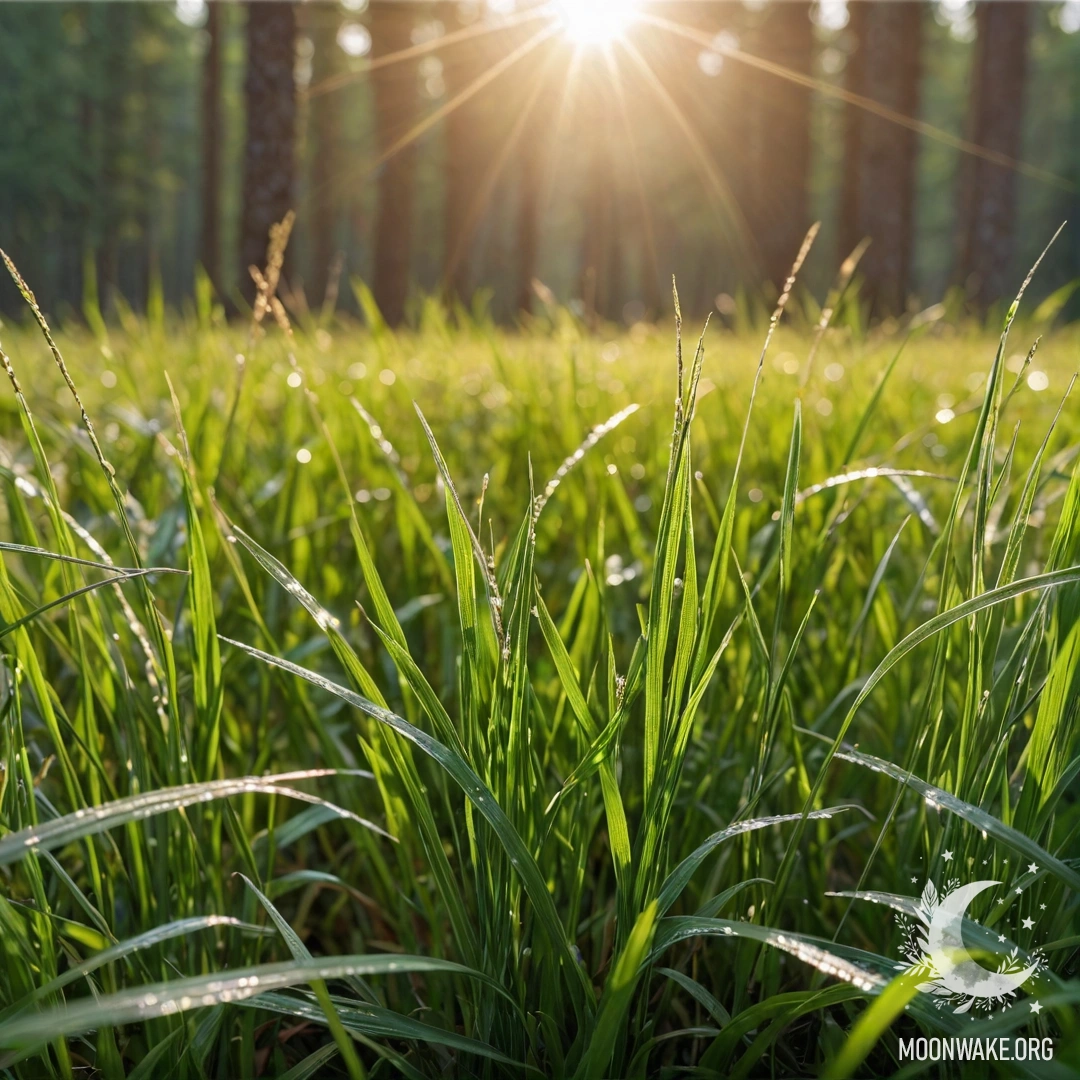 Peaceful Field of Grass with Forest Bokeh Close-up of green grass with a blurred forest background and lens flares.
