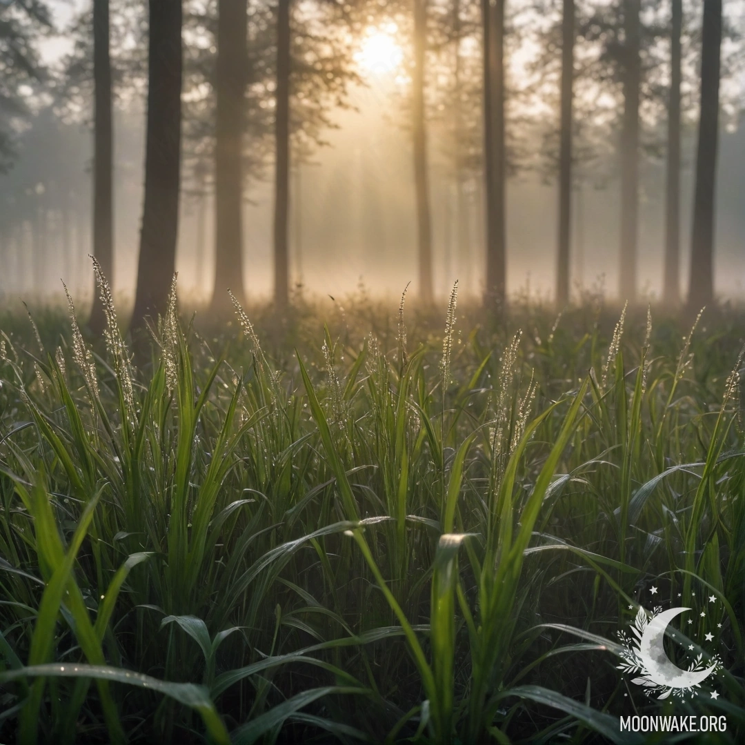 Serene Field of Grass in Misty Forest Light A close-up view of grassy field with soft sunlight filtering through misty forest background.