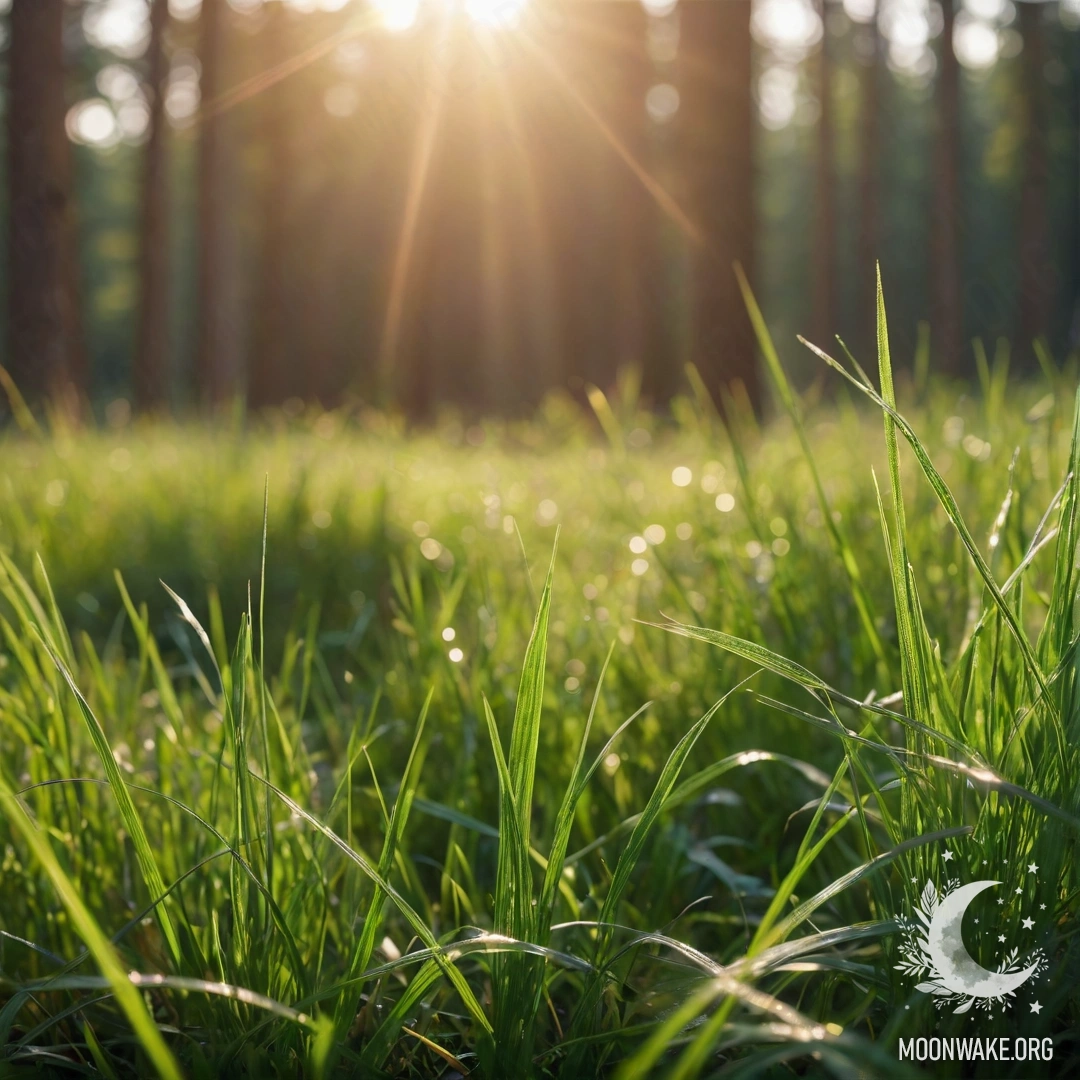 A close-up view of grass in a peaceful field against a blurred forest background with beautiful lens flares.