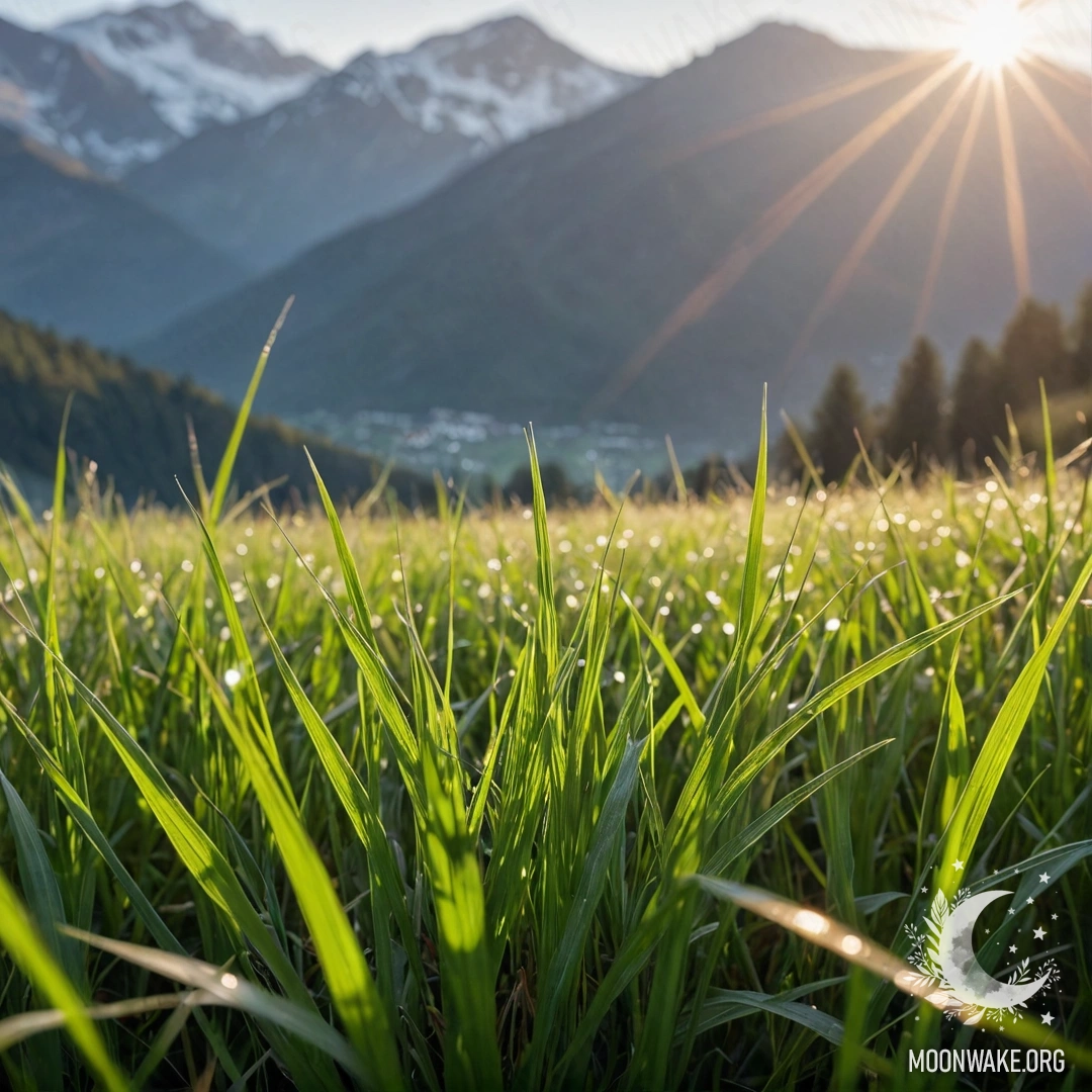 Close-up of grass in a peaceful field with mountains blurred in the background and lens flares.