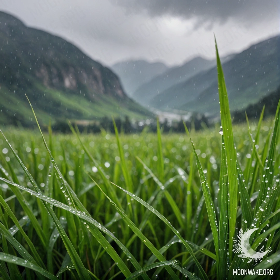 Peaceful Field with Rainy Mountains Close-up of grass in a peaceful field with blurred mountains in the background, under rain.