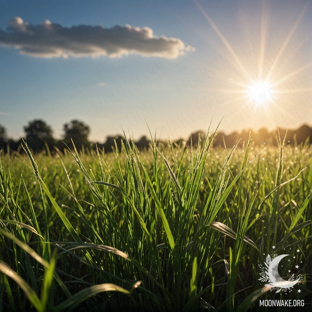 A close-up view of grass in a peaceful field, illuminated by sun rays with a bokeh sky background.