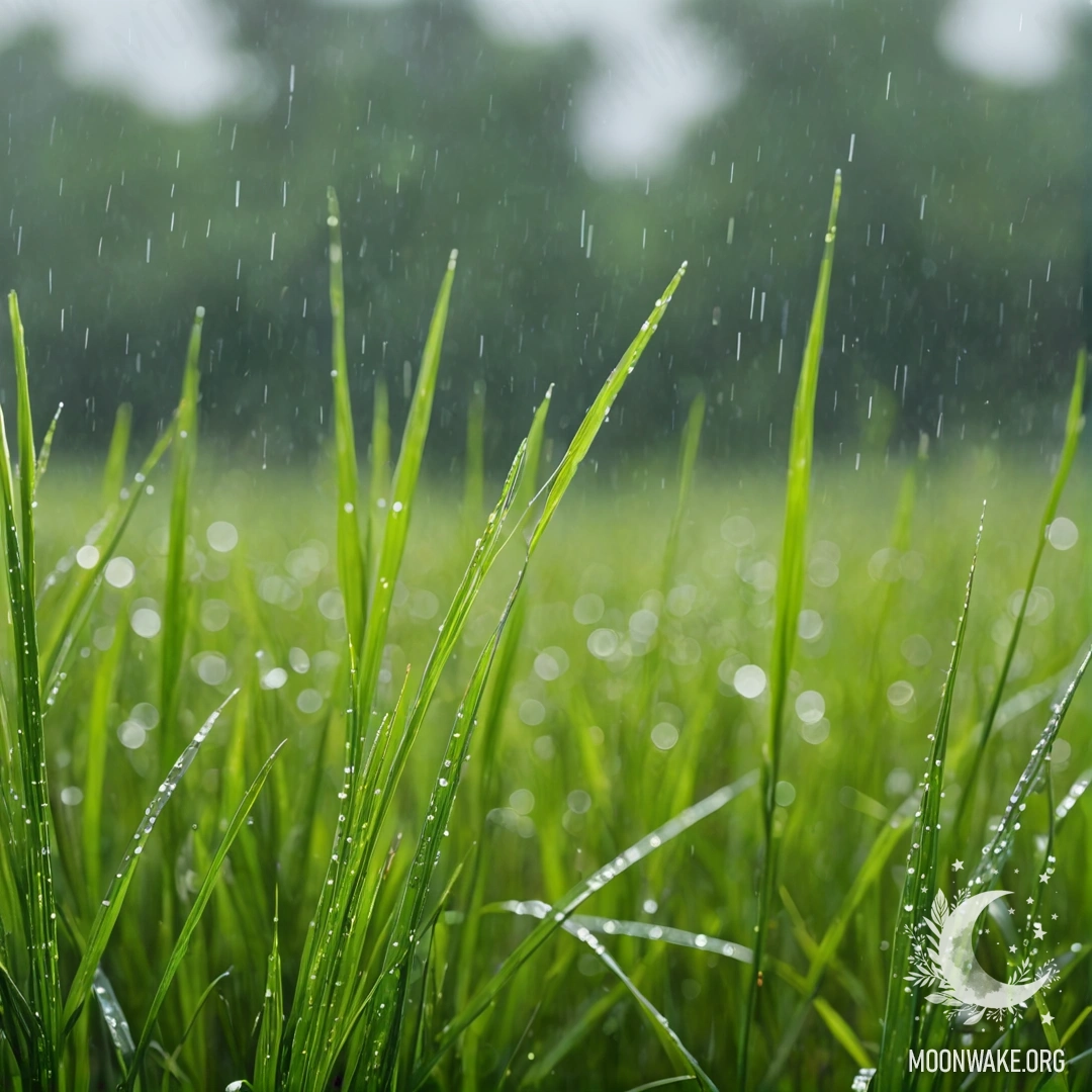 Serene Grass Field Under Rainy Bokeh Sky Close-up view of grass in a peaceful field against a blurred sky with rain.