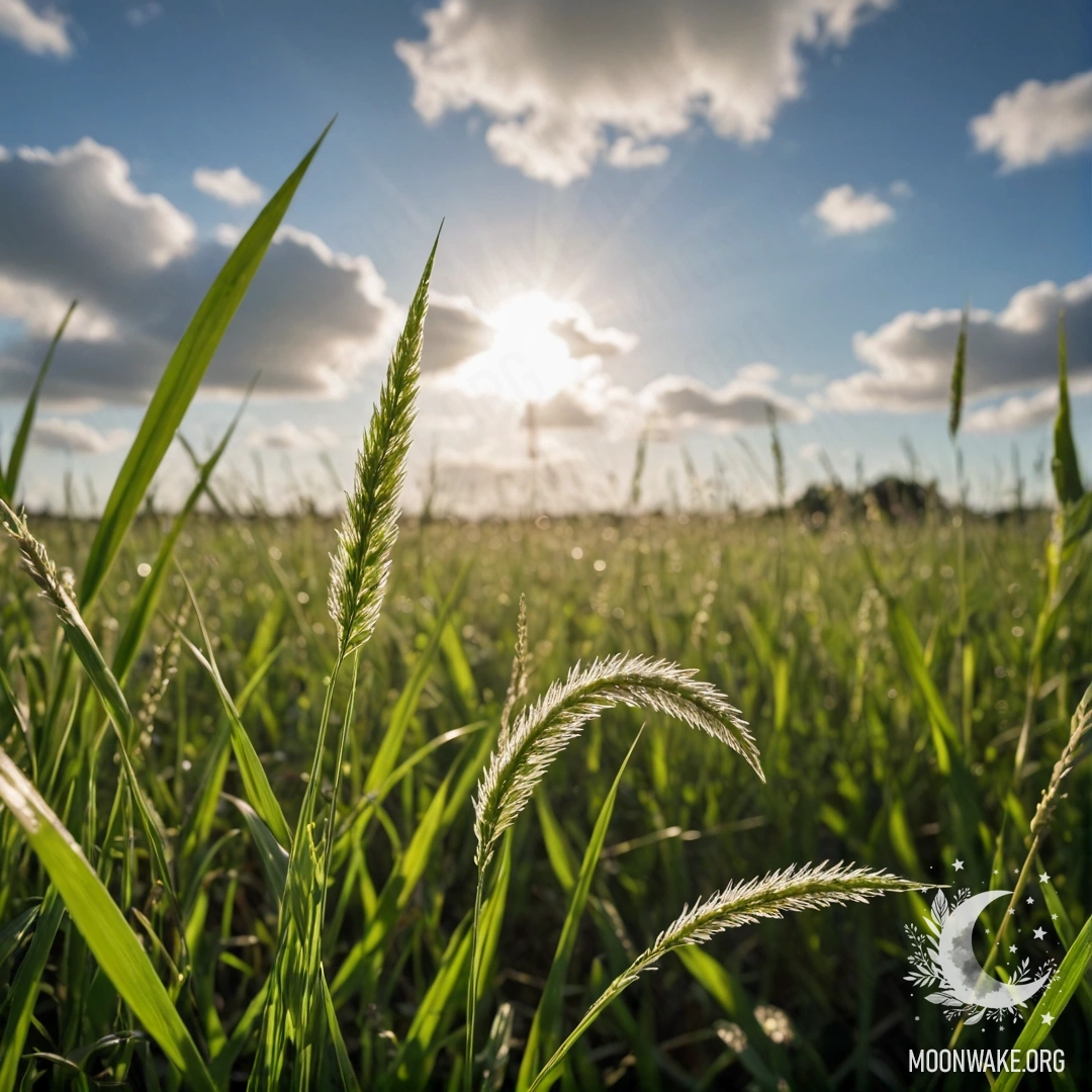 Close-up of grass in a peaceful field with a bokeh sky filled with clouds on a sunny day.