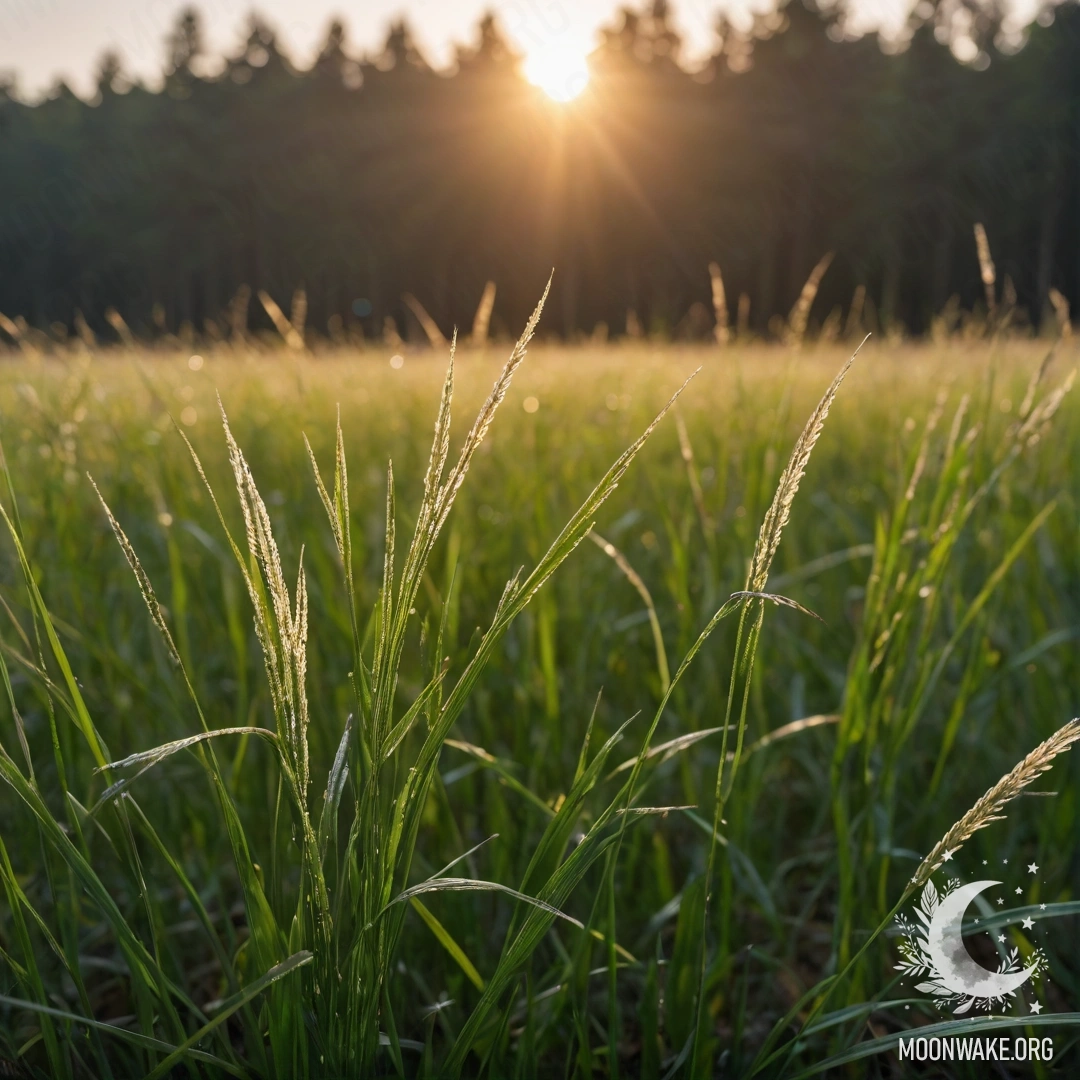 Peaceful Sunset Field Close-up of grass in a peaceful field against a blurred forest backdrop at sunset.