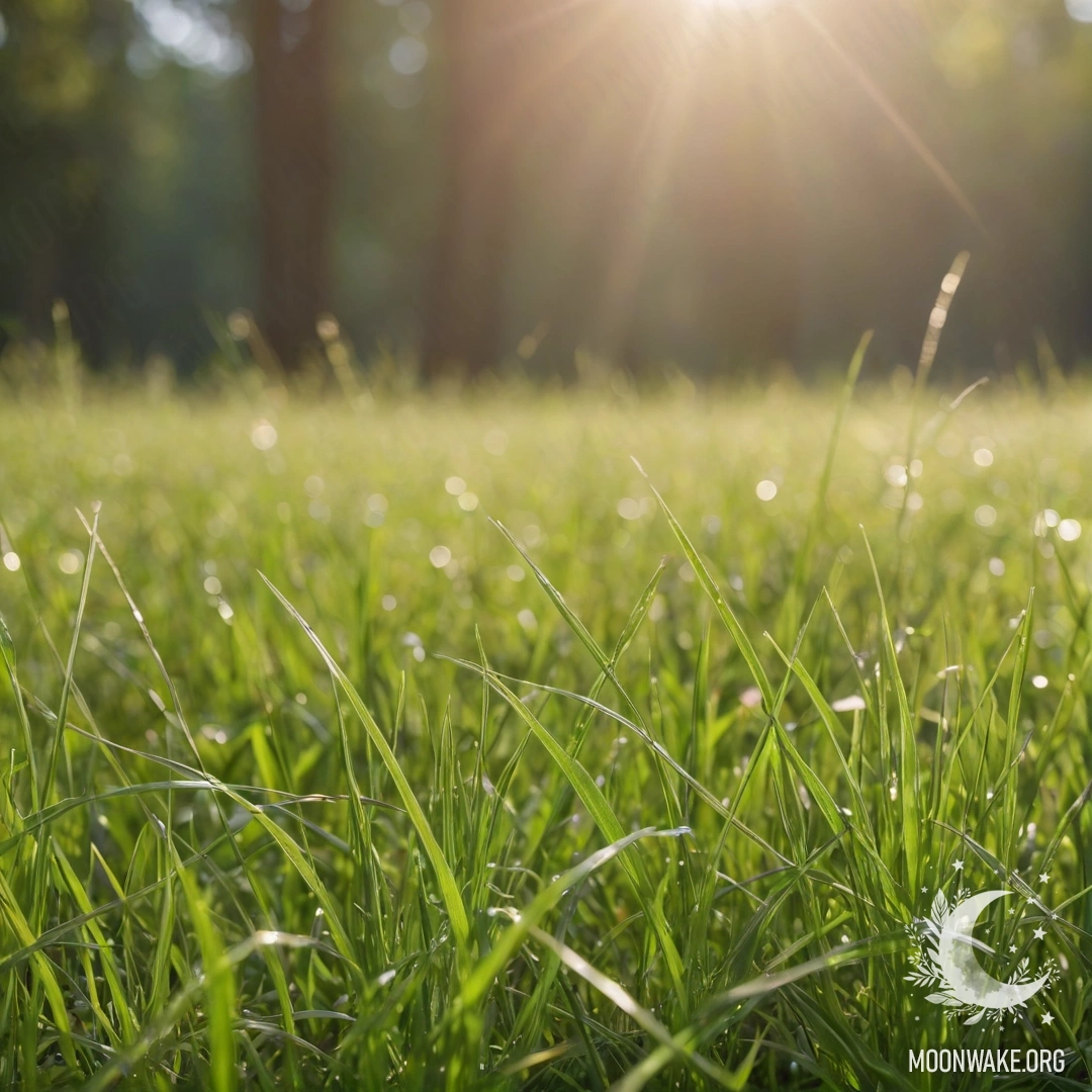 Close-up of grass in a peaceful field with blurred forest background on a sunny day