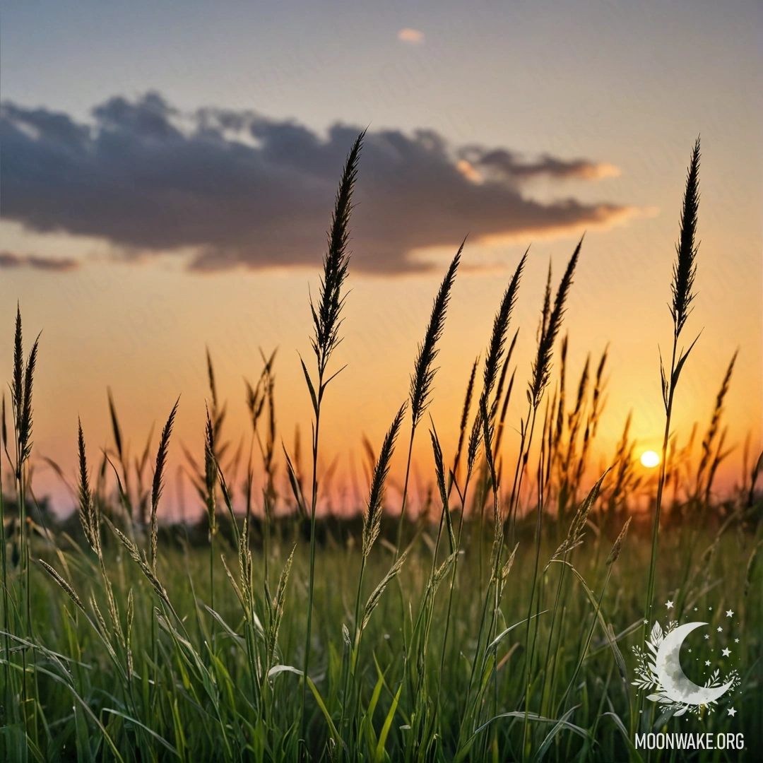 Serene Sunset Over a Peaceful Green Field Close-up of grass in a peaceful field against a bokeh sky at sunset.