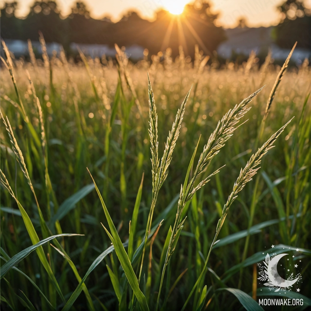A close-up view of grass in a peaceful field during sunset, with a bokeh effect in the background.