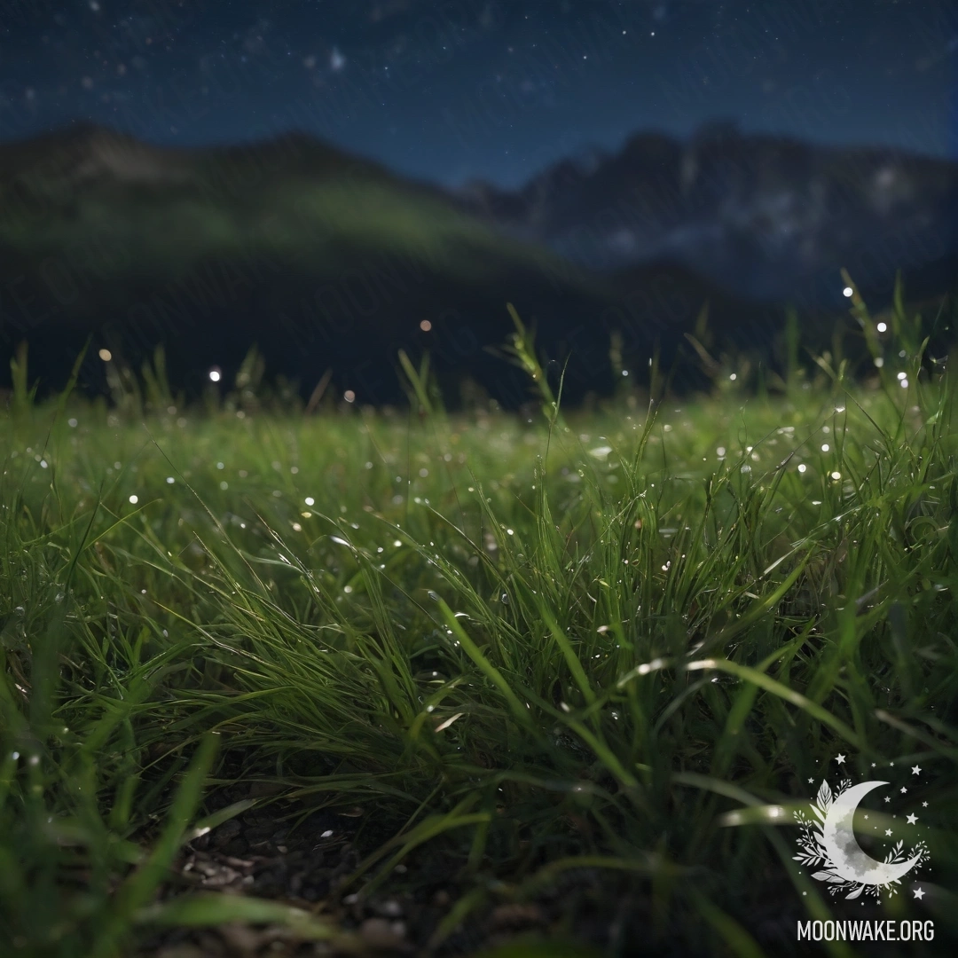 Peaceful Night in a Grassy Field A serene close-up of grass in a field with blurry mountains in the background at night.