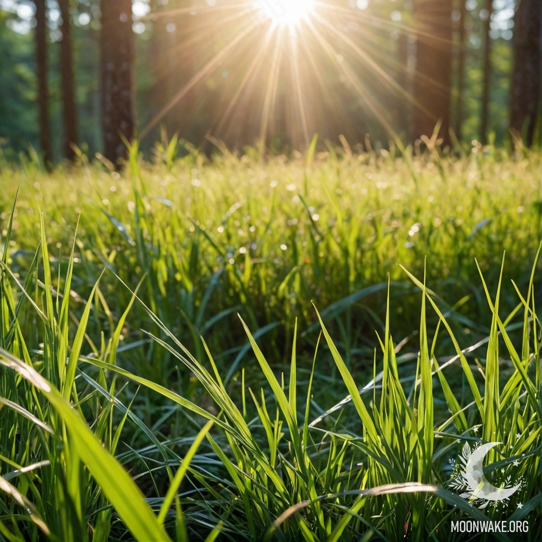 A close-up view of grass in a peaceful field, illuminated by sunlight, with a soft-focus forest background.