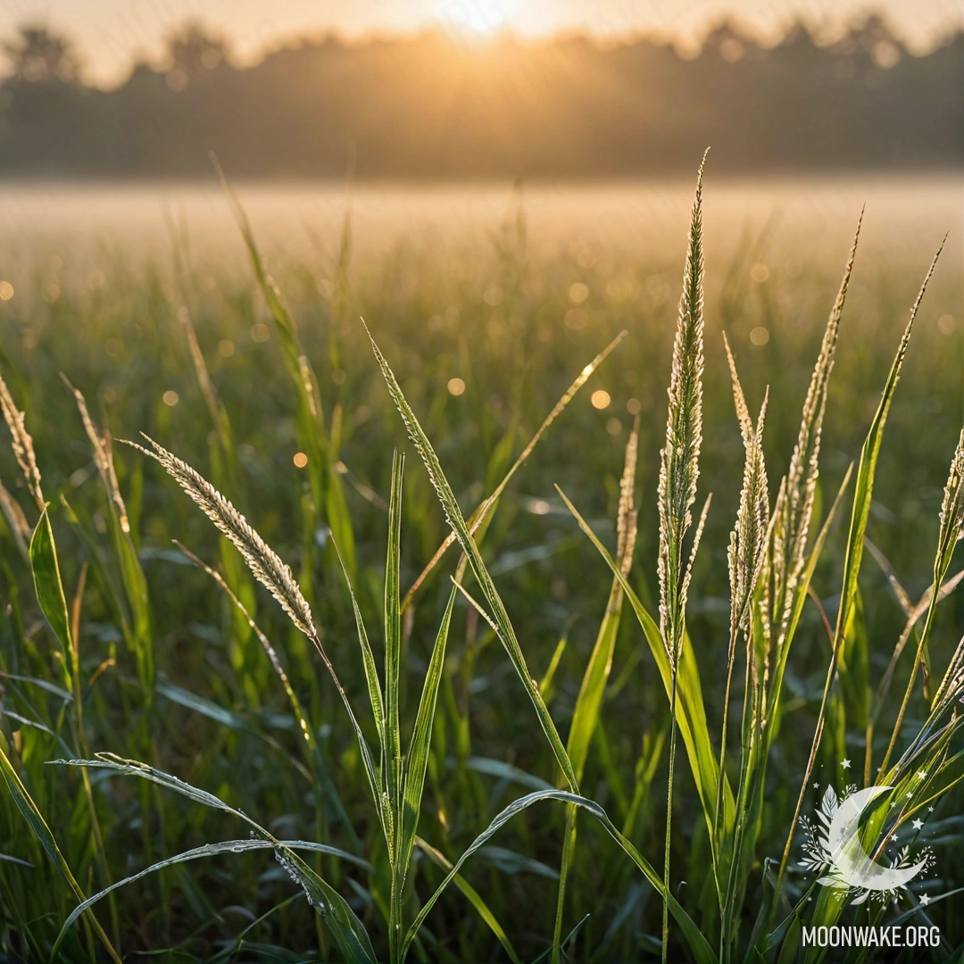 Serene Sunset in a Grassy Field Close-up of grass in a peaceful field during sunset with fog and bokeh