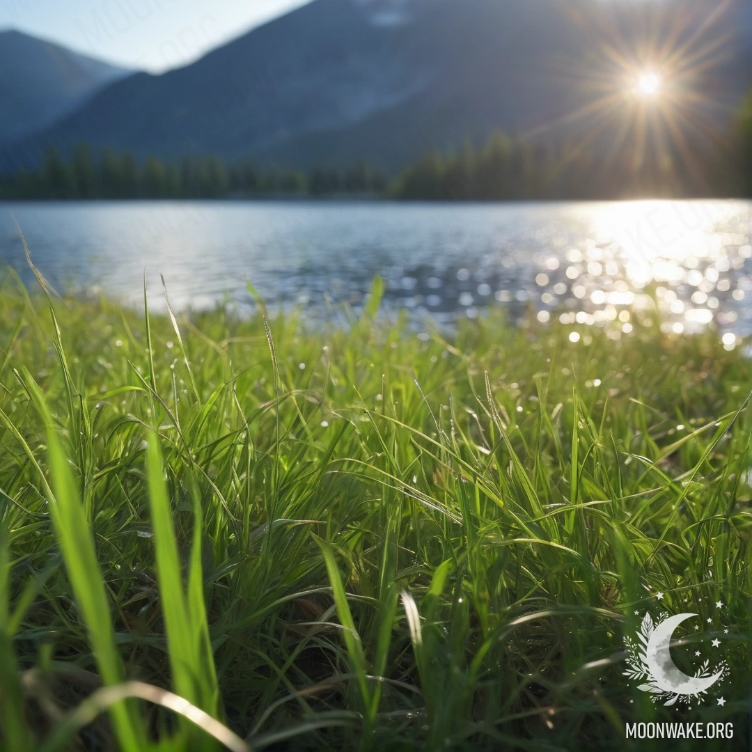 Close-up view of grass in a peaceful field against a blurred lake background.