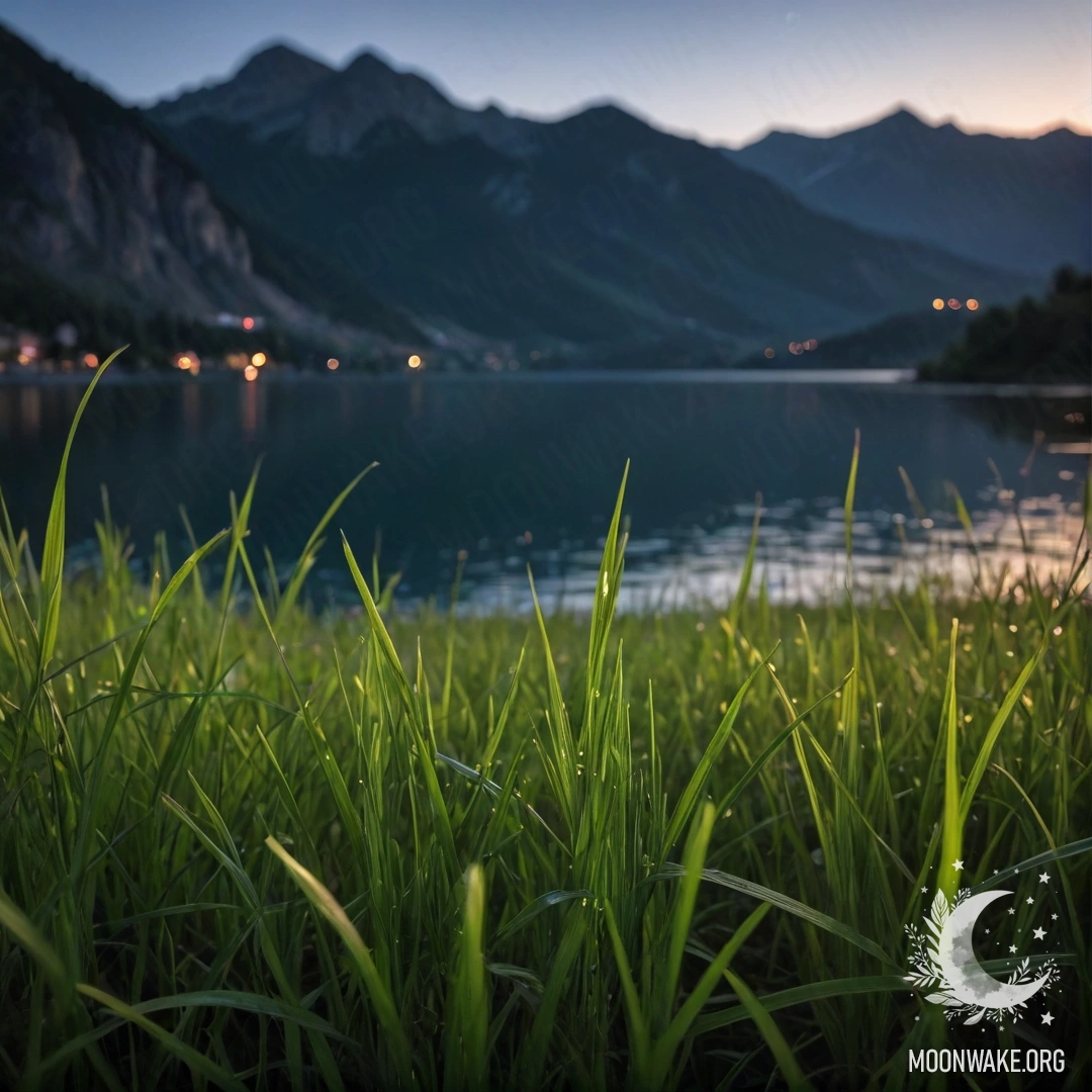 Serene Night at the Mountain Lake Close-up of grass in a peaceful field with a bokeh background of a mountain lake at night.