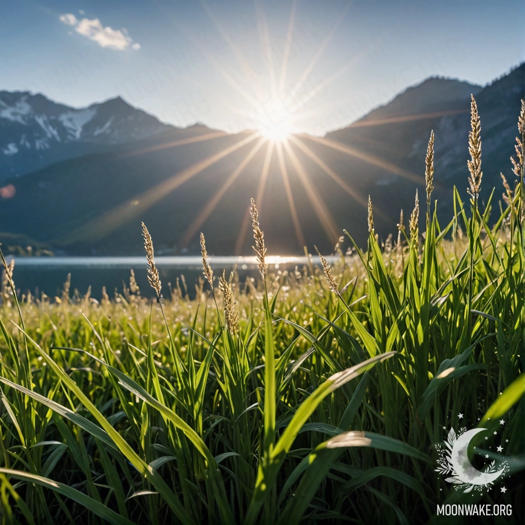 Close-up of vibrant grass against a blurred background of a mountain lake with sun rays.