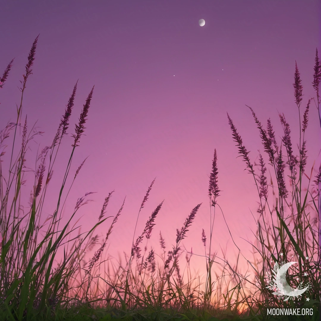 Close-up of grass in a peaceful field with a pink violet sky and the moon at sunset.