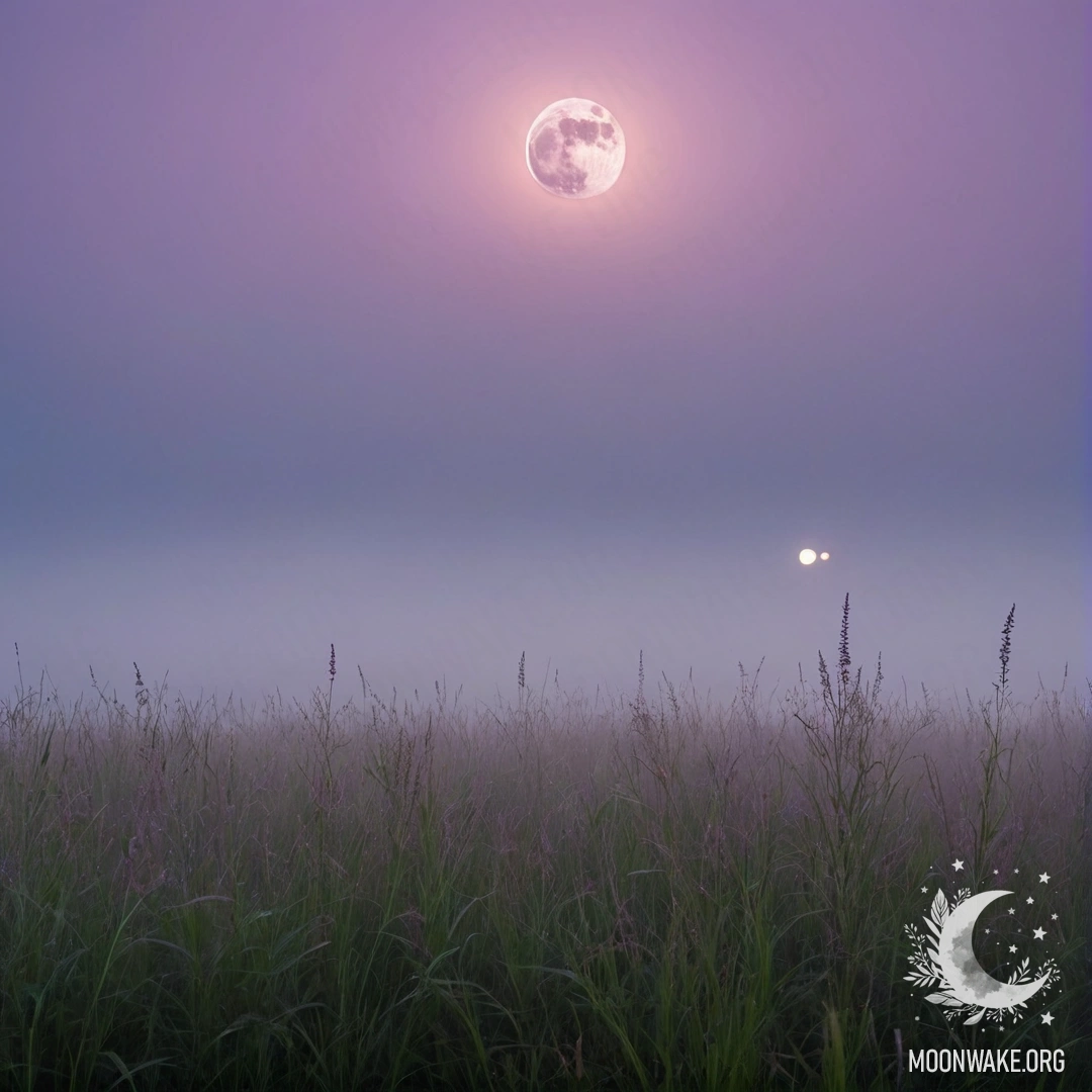 A close-up view of grass in a peaceful field against a pink violet sky with a rising moon.