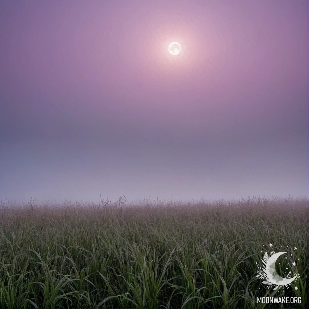 A close-up view of grass in a peaceful field against a pink violet sky with the moon.