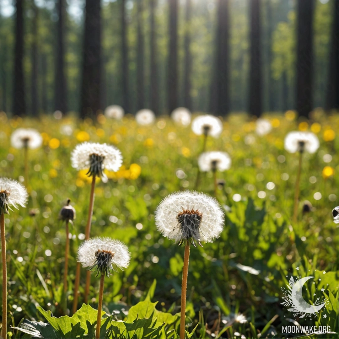 Peaceful Field of Dandelions A close-up view of dandelions in a peaceful field with a soft bokeh background of a forest.