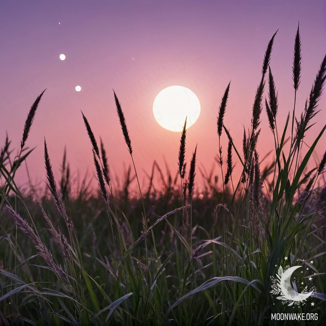 Close-up of grass in a peaceful field with a pink violet sky and the moon during sunset.