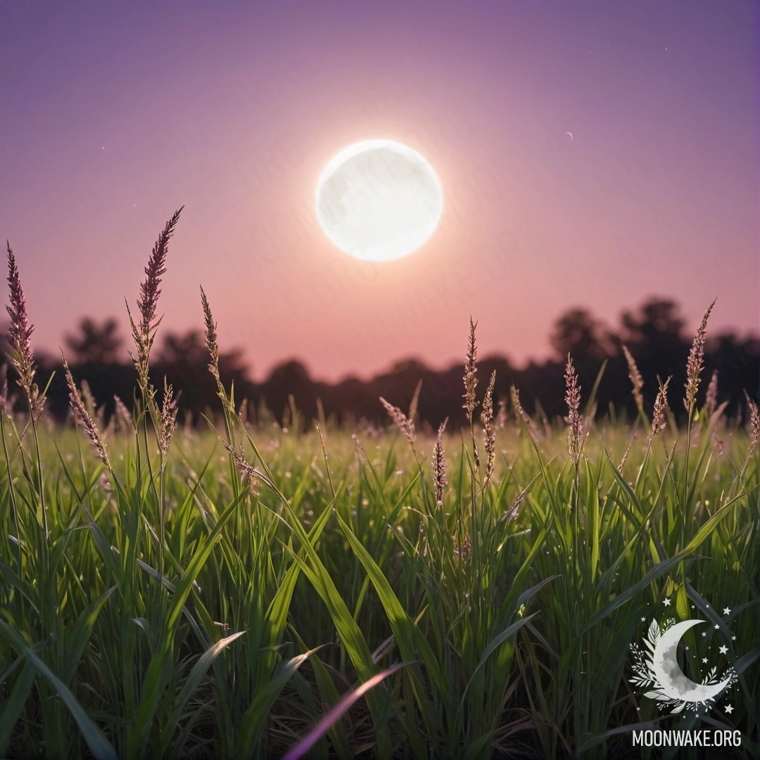 Close-up of grass in a peaceful field against a pink violet sky with the moon and sun.