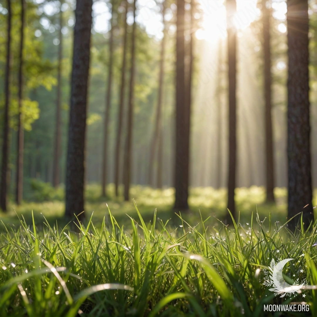 A close-up view of grass in a peaceful field against a blurred forest background with sun rays filtering through the trees.
