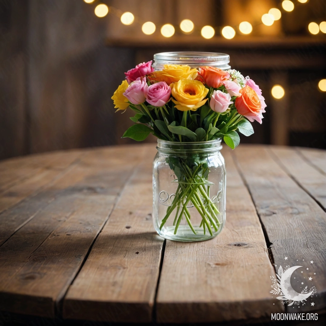 A rustic wooden table with a jar containing a bouquet of flowers, softly lit by a bokeh background.