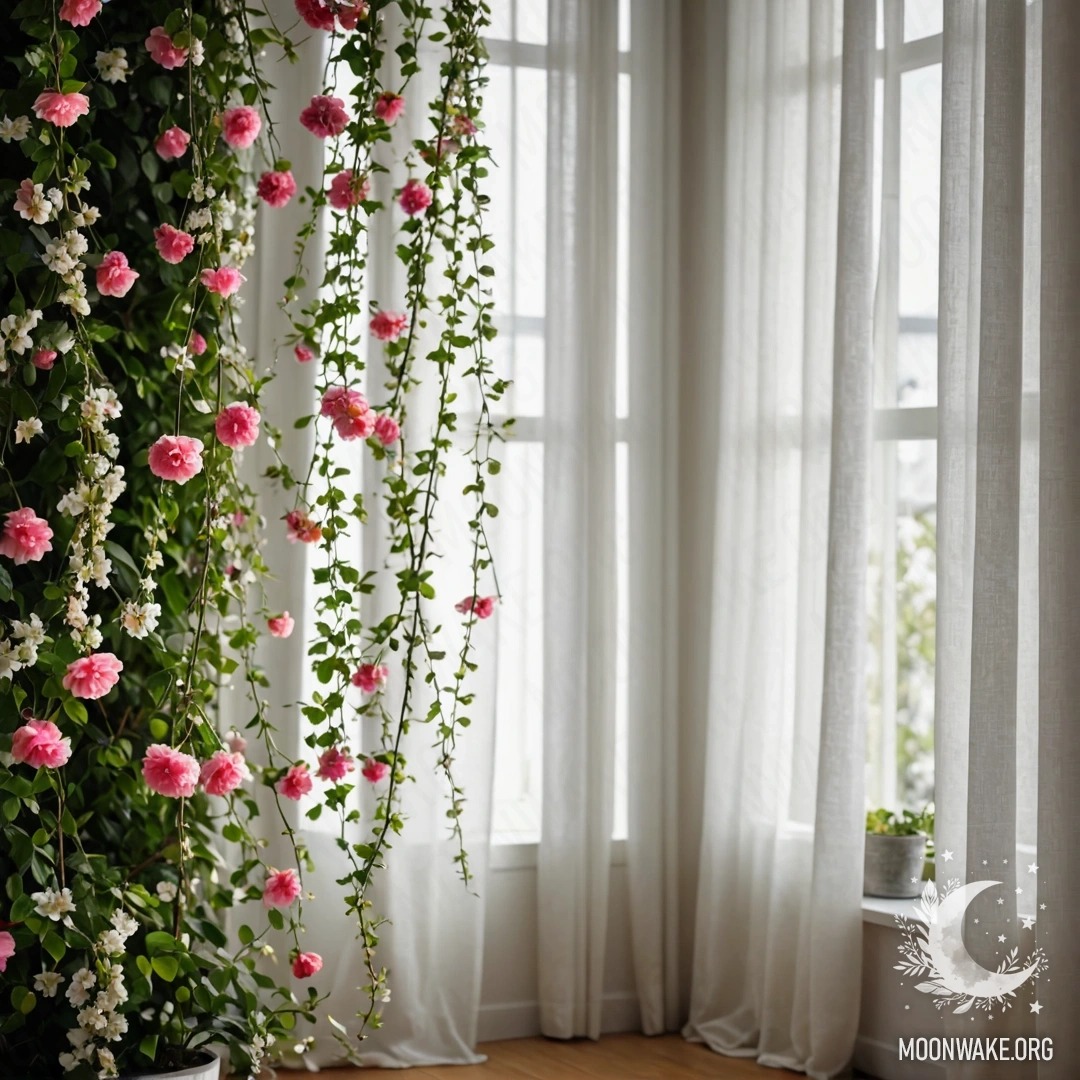 Close-up of a floral printed curtain with a blooming garden in the background.