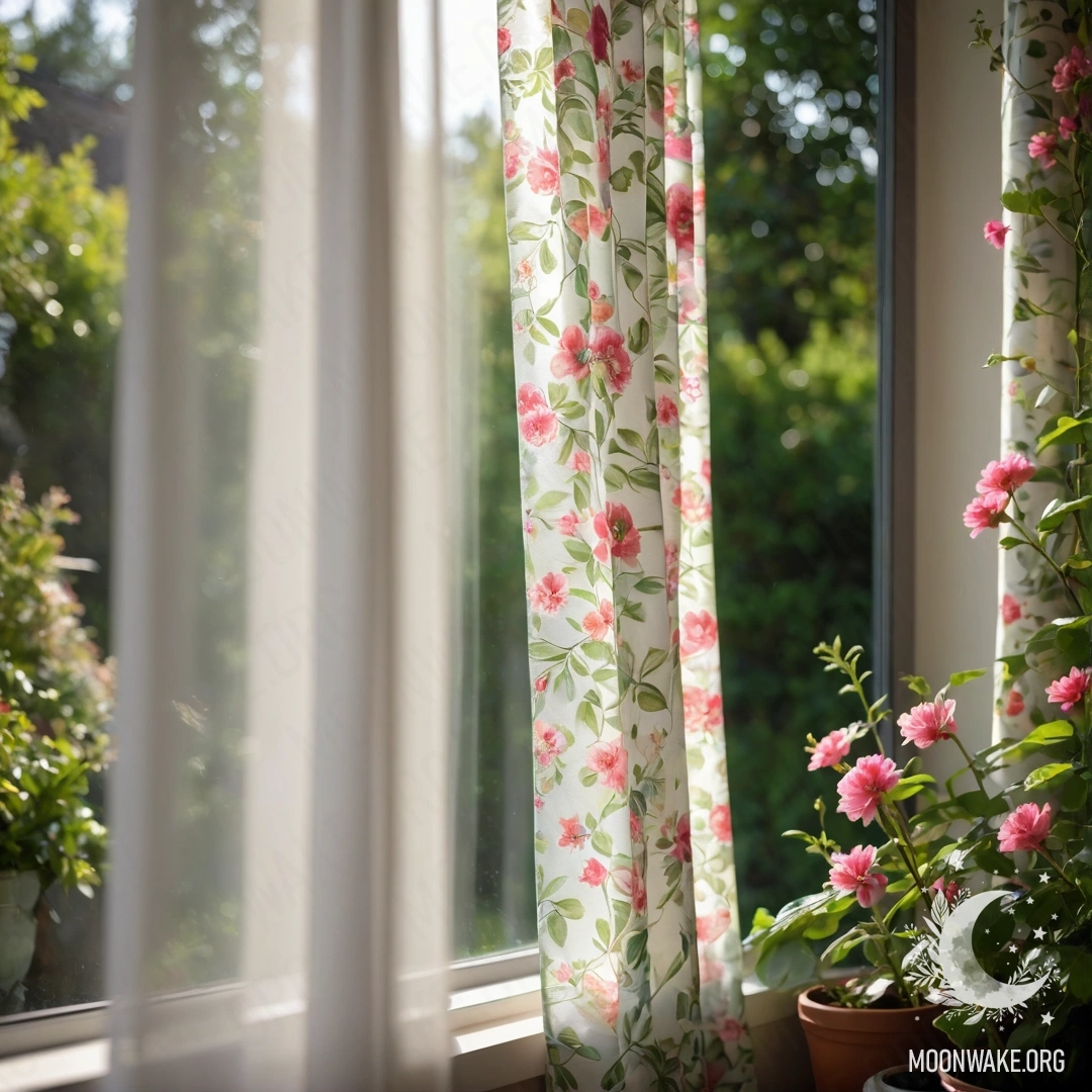 Close-up of a floral print curtain with a blooming garden view in the background.