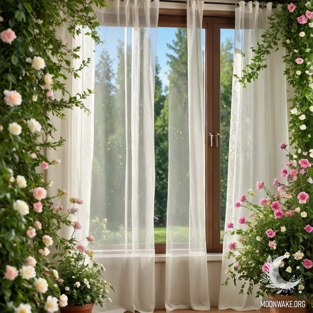 Close-up of a floral print curtain with a blooming garden outside the window, adorned with bokeh and string lights.