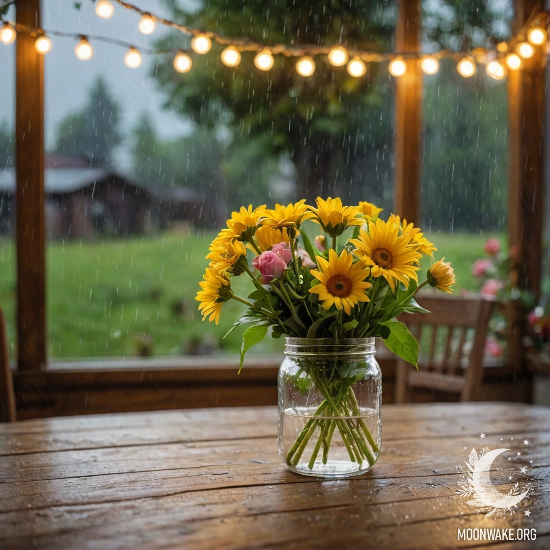 A shabby wooden table with a jar of flowers, a light garland bokeh in the rain background.