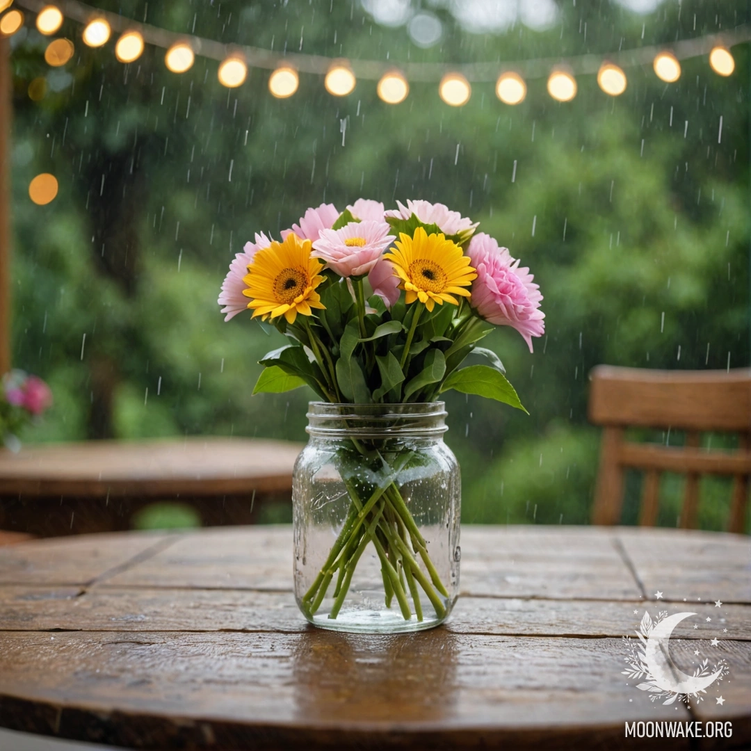 A rustic wooden table with a jar containing a bouquet of flowers, soft bokeh of lights in the background under the rain.