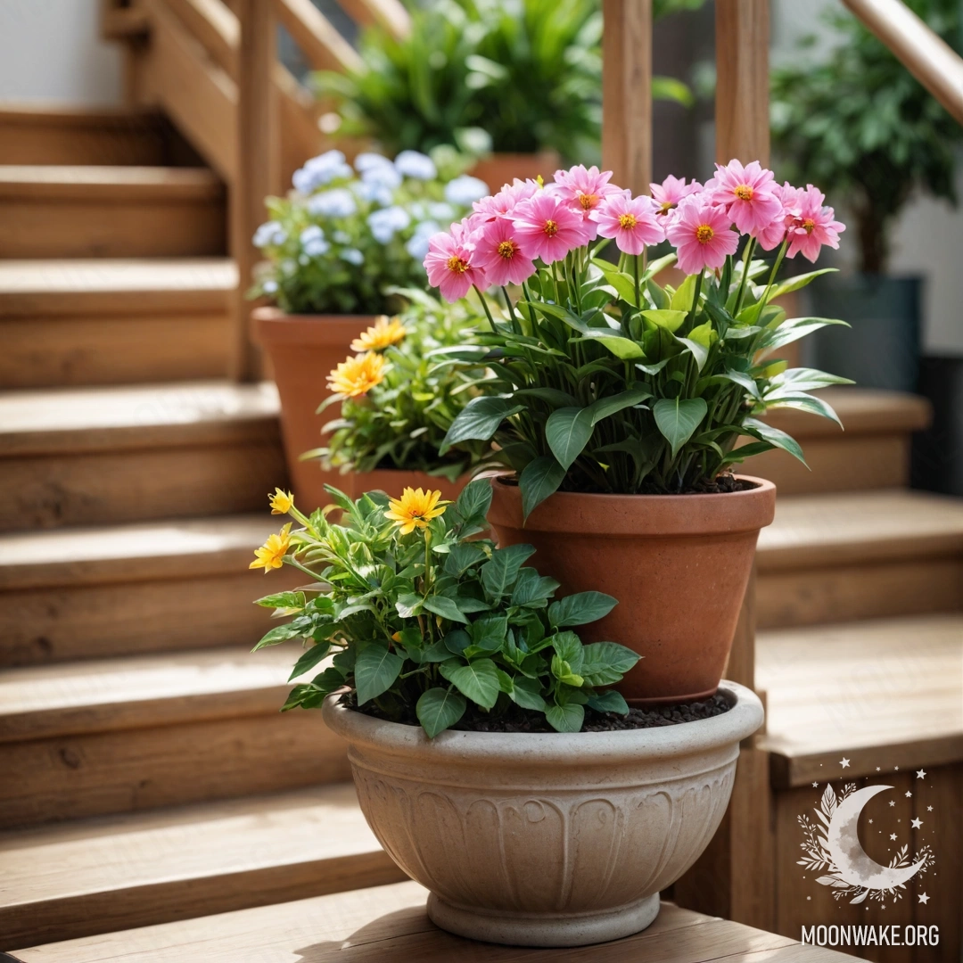 A wooden staircase adorned with flowerpots, creating a tranquil scene.