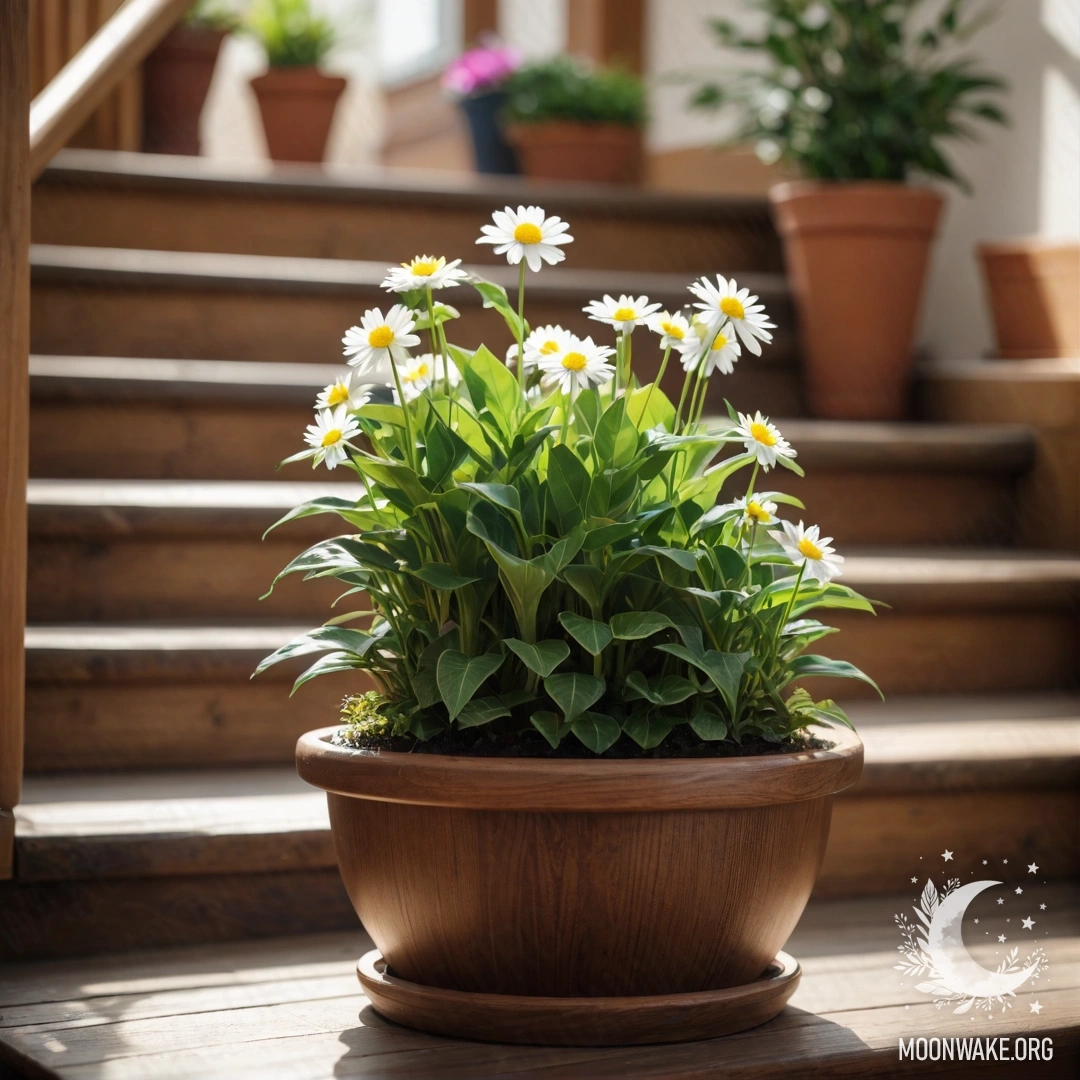 A serene wooden staircase adorned with flowerpots containing lush plants.