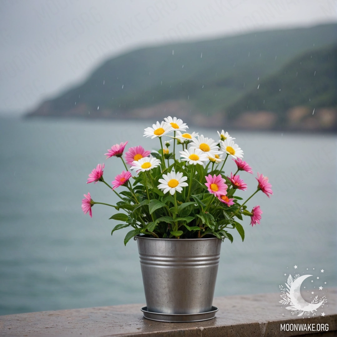 A metal flowerpot shaped like a small bucket filled with flowers against a bokeh background of the sea in the rain.